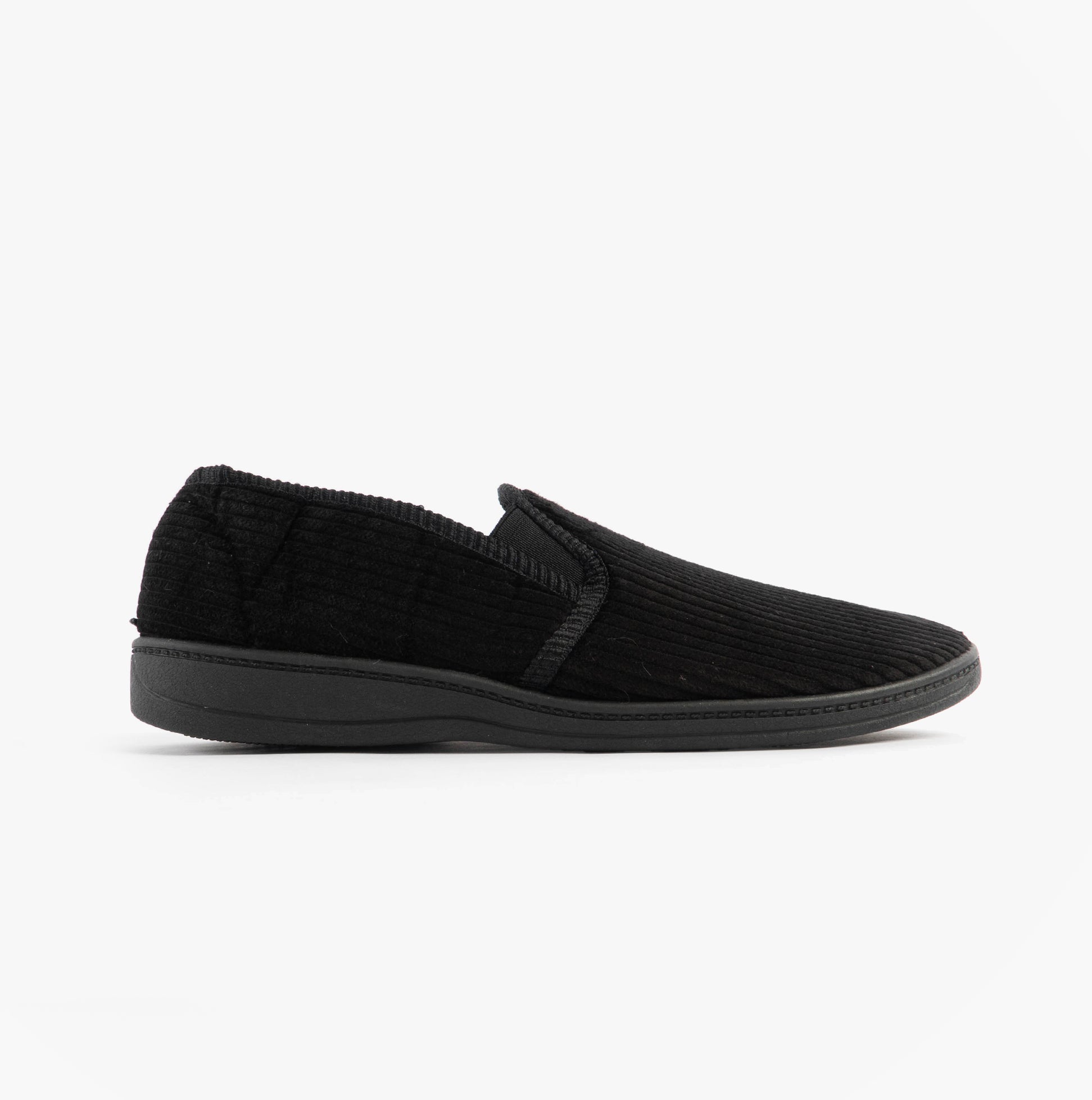 Jo & Joe HARRY Mens Full Slippers Black side view showing textile upper and rubber sole for comfort.