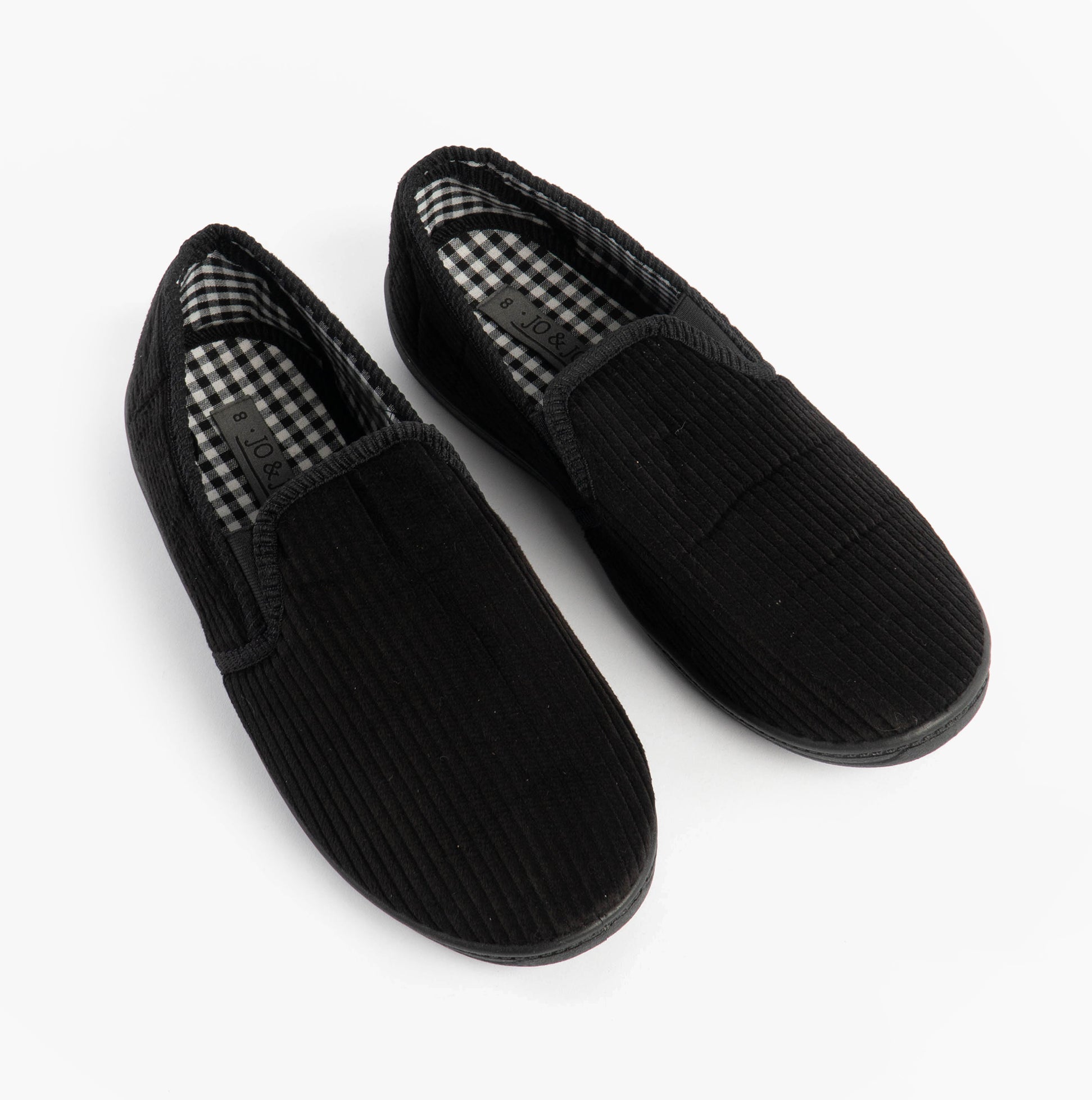 Jo & Joe HARRY Mens Full Slippers Black top view, slip-on design, round toe, textile upper and lining, rubber sole.