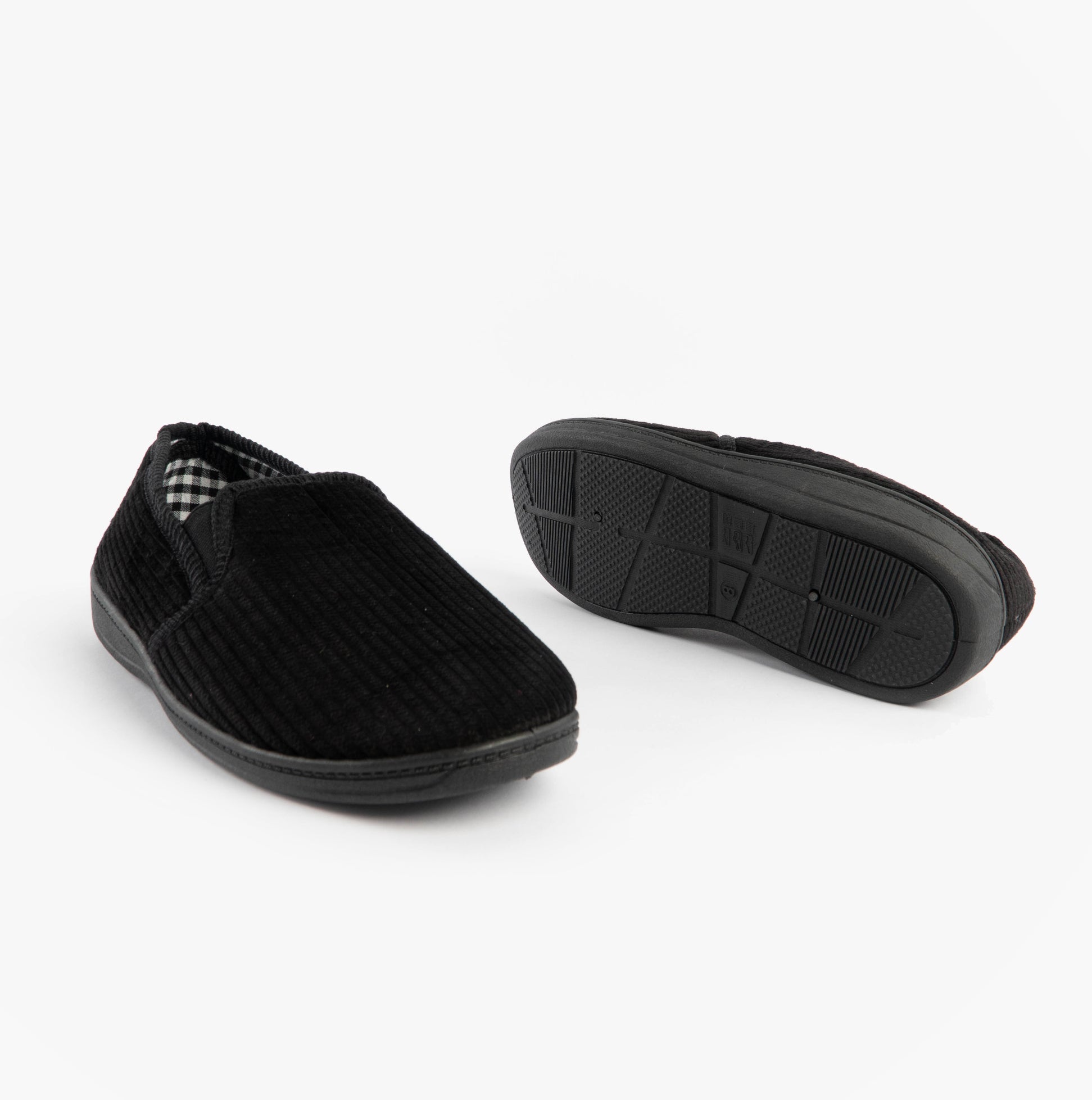 Jo & Joe HARRY Mens Full Slippers Black side view showing round toe and slip-on design with rubber sole.