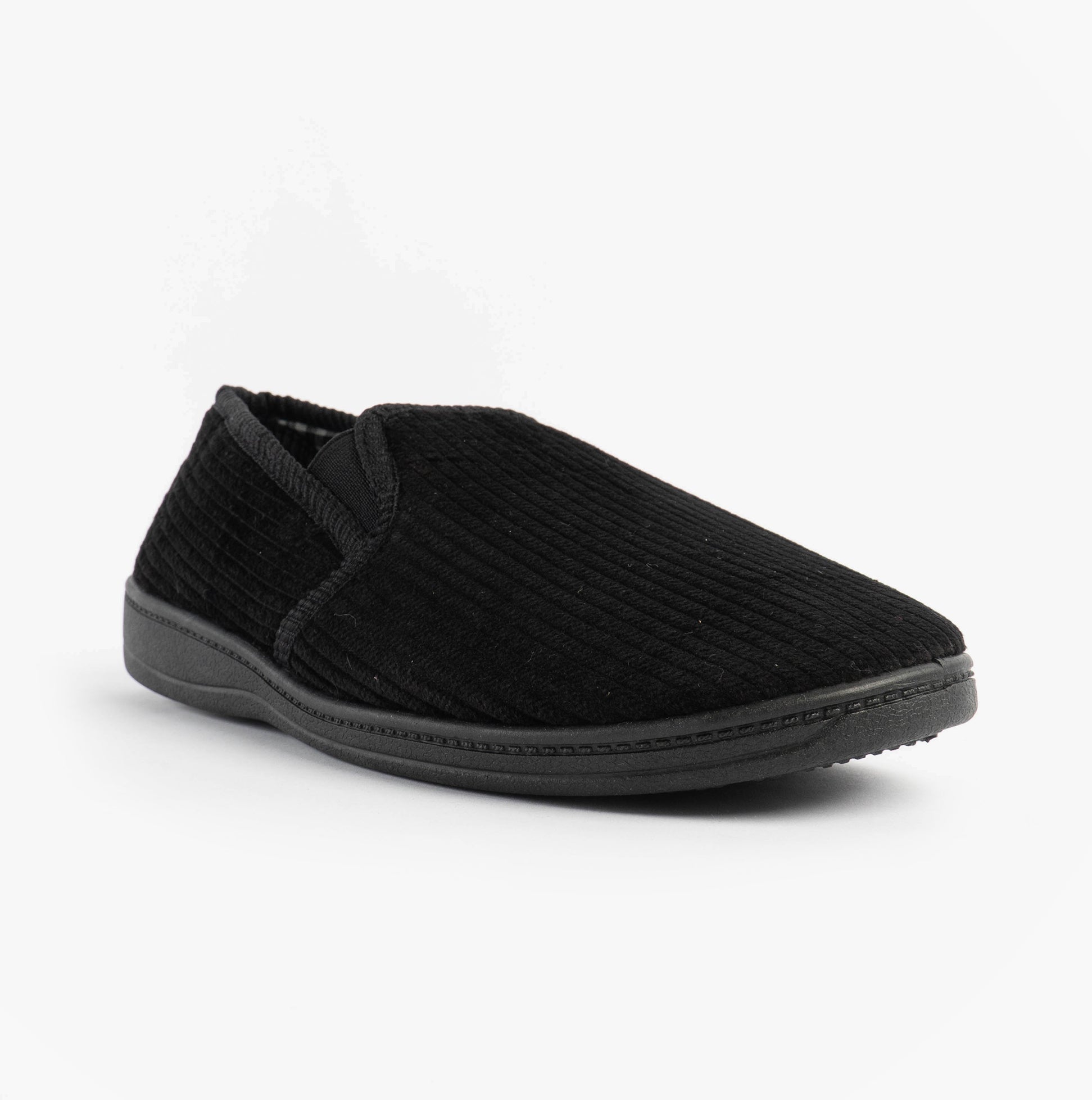 Jo & Joe HARRY Mens Full Slippers Black side view with textured upper and rubber sole, perfect for comfort in home wear.