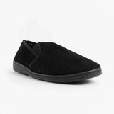 Jo & Joe HARRY Mens Full Slippers Black side view with textured upper and rubber sole, perfect for comfort in home wear.