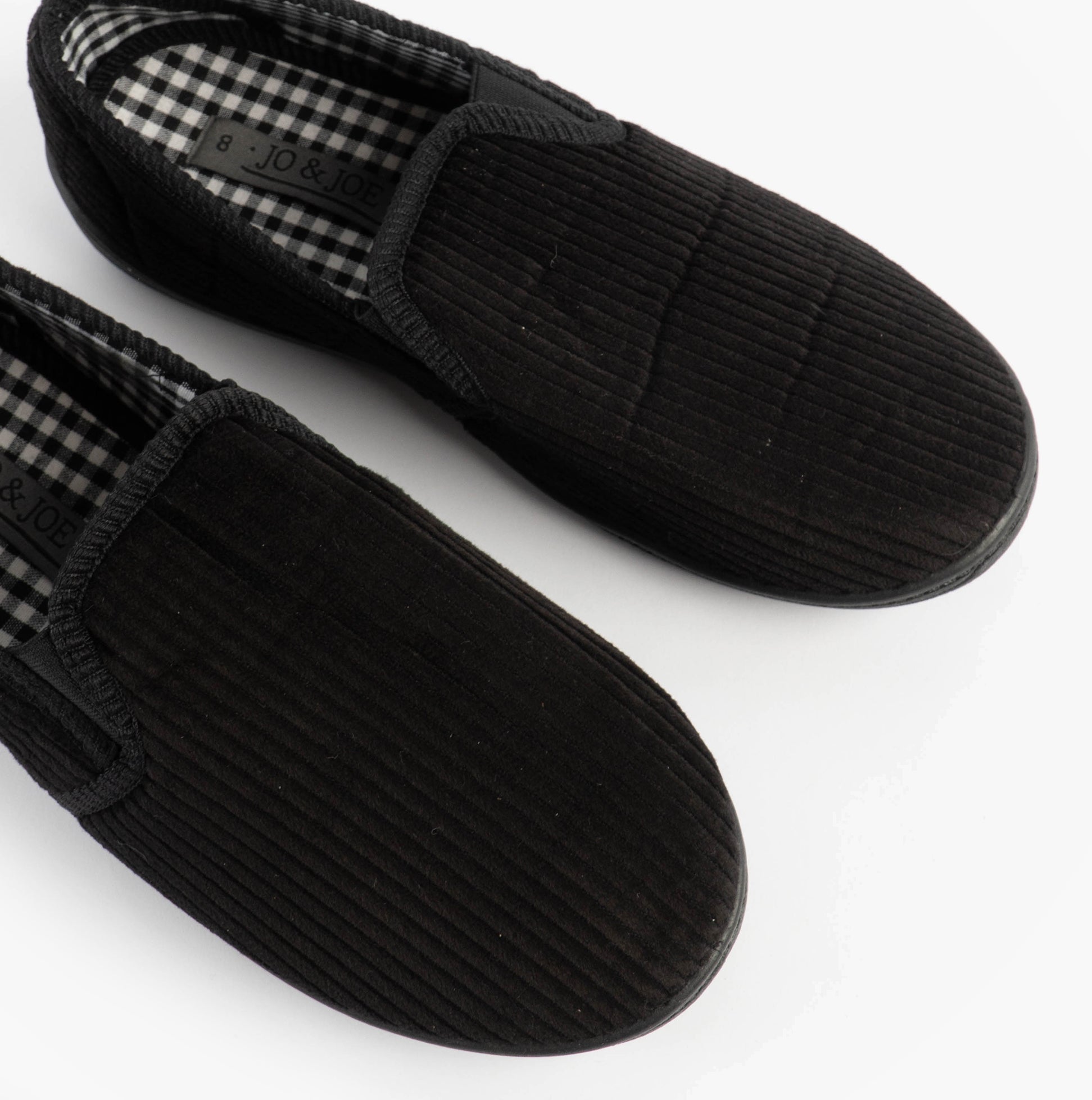 Jo & Joe HARRY Mens Full Slippers Black top view showcasing the textile upper and slip-on design.