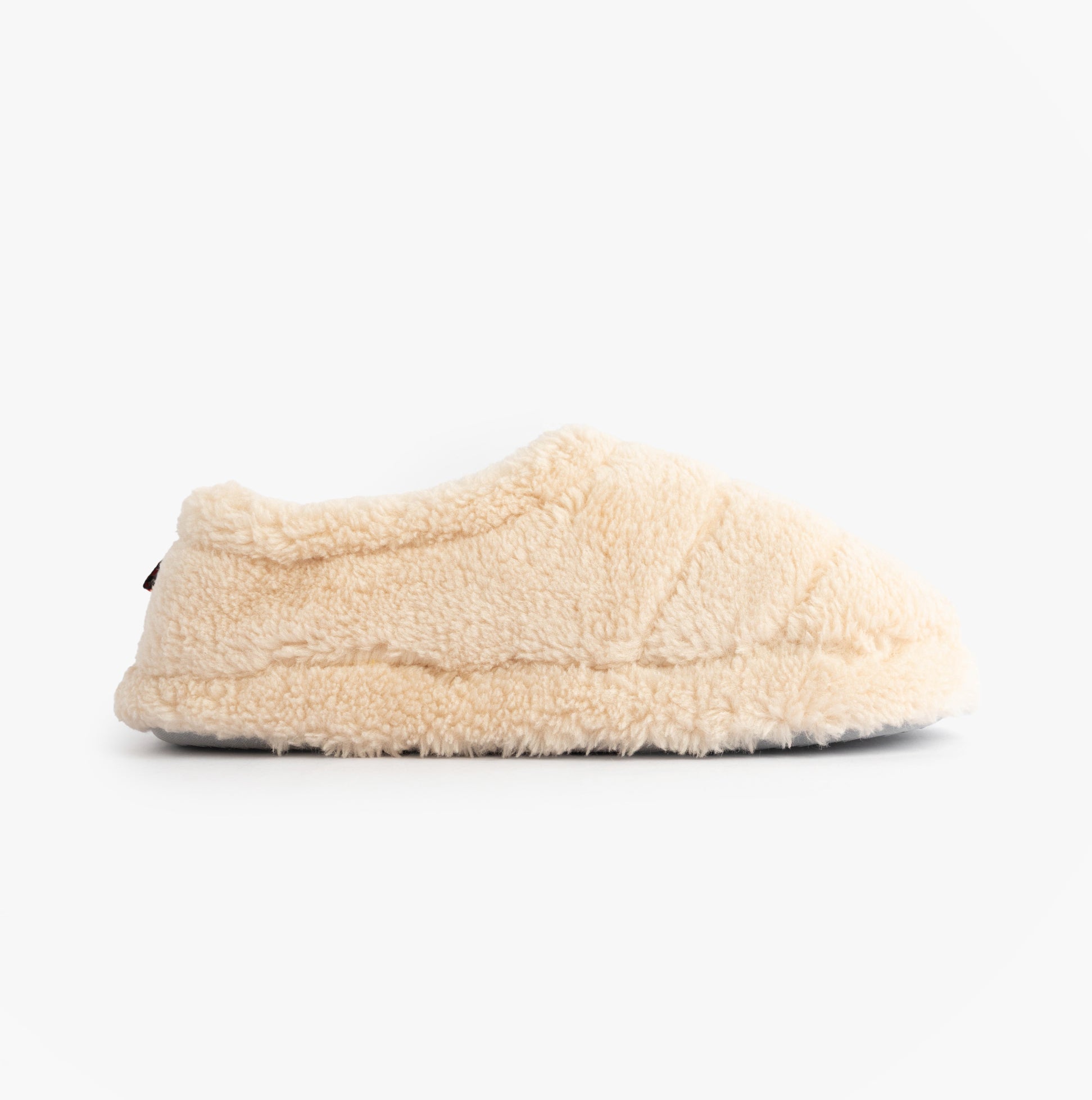 Jo & Joe HATTIE Womens Full Slippers Beige side view showing soft textile material and round toe shape.