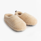 Jo & Joe HATTIE Womens Full Slippers Beige side view, plush textile upper, flat comfort design, slip-on style.