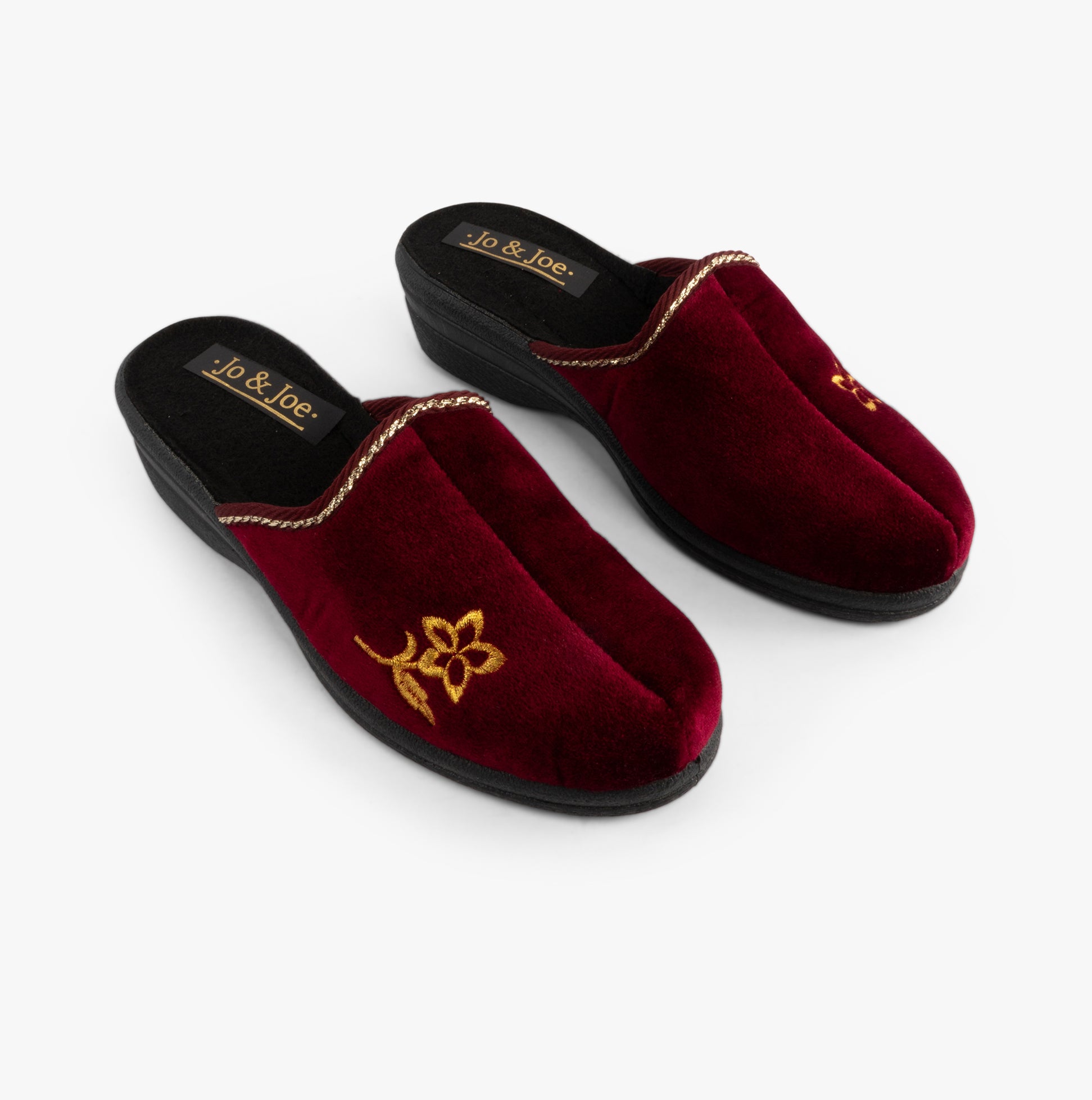 Jo & Joe HELEN Womens Wedge Heel Mule Slippers Burgundy side view showing plush upper and decorative embroidery.