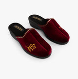 Jo & Joe HELEN Womens Wedge Heel Mule Slippers Burgundy side view showing plush upper and decorative embroidery.