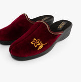 Jo & Joe HELEN Womens Wedge Heel Mule Slippers Burgundy side view showcasing fabric upper and floral embroidery detail.