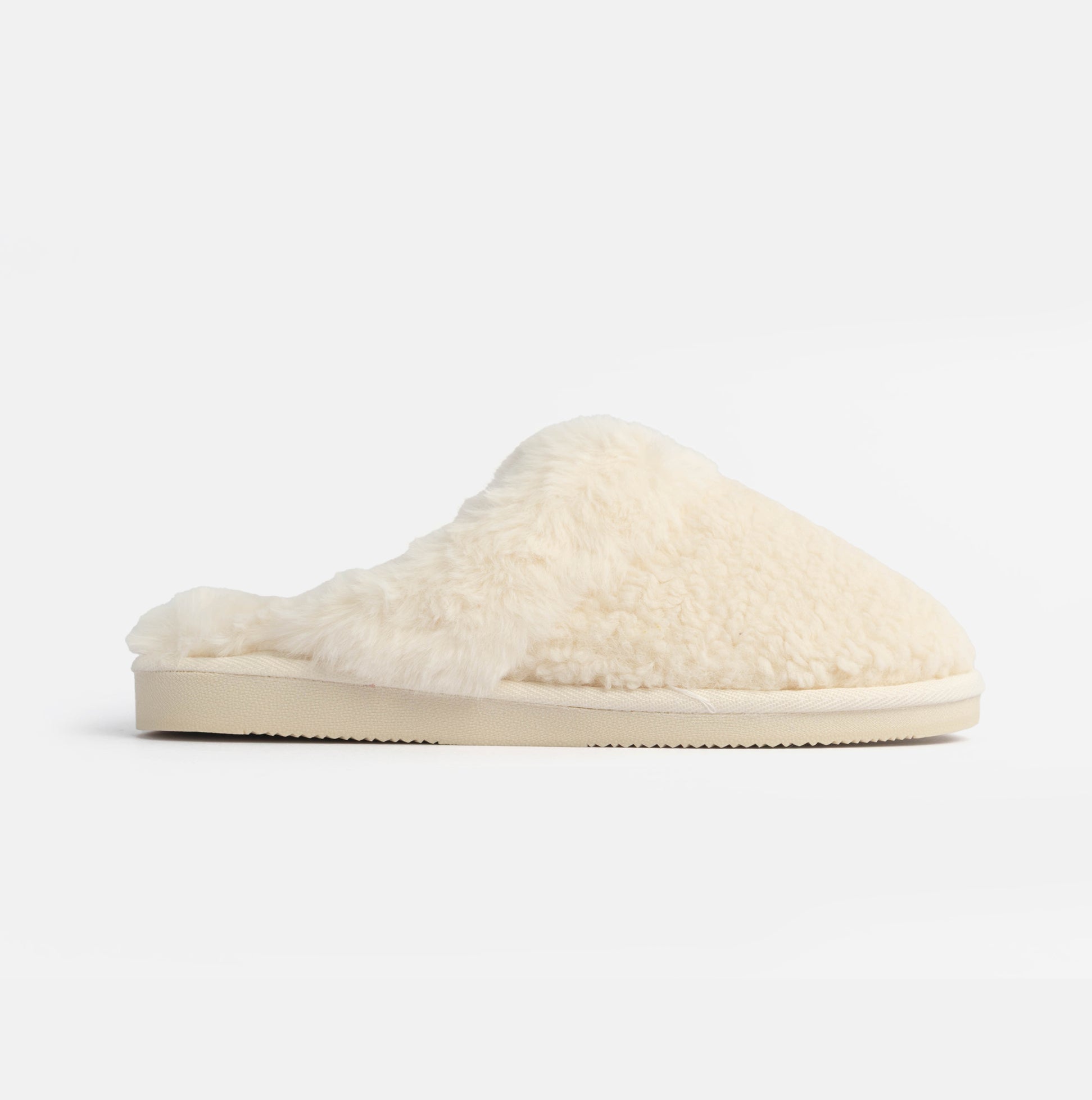 Jo & Joe HELGA Womens Mule Faux Fur Slippers Cream side view showcasing soft faux fur and slip-on design.