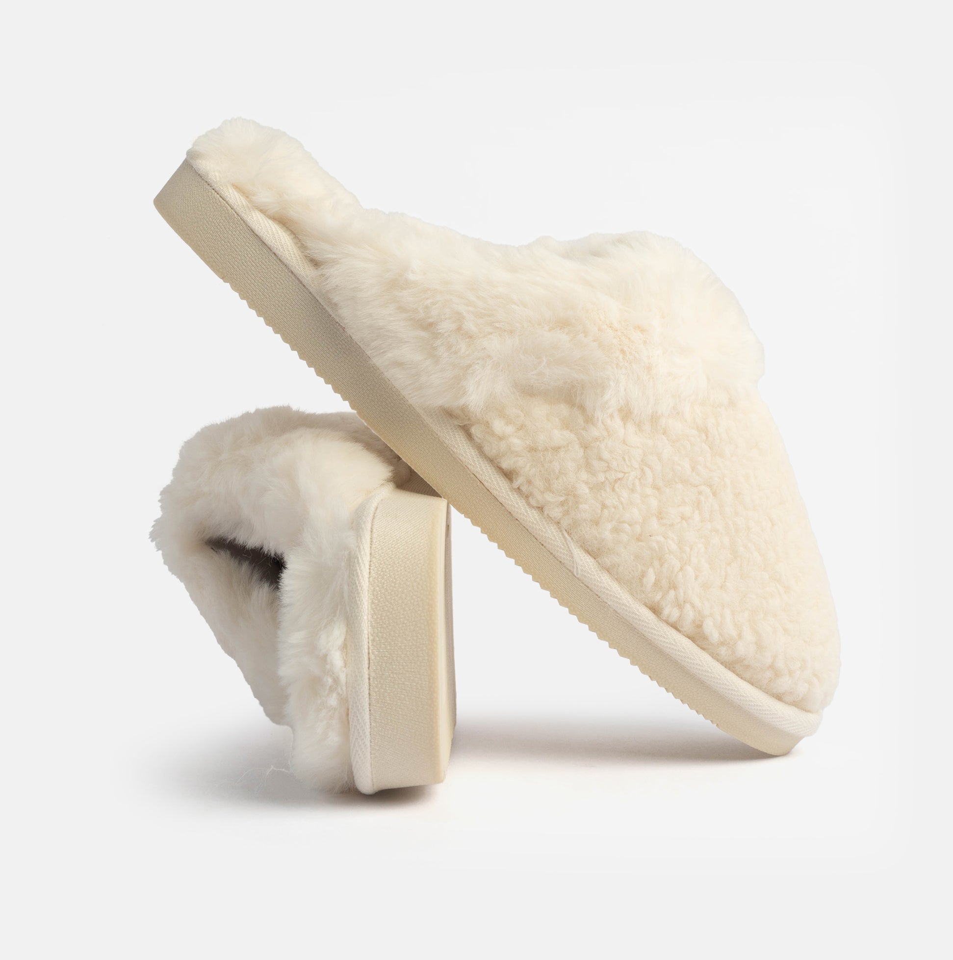 Jo & Joe HELGA Womens Mule Faux Fur Slippers Cream side view showcasing soft faux fur lining and lightweight sole.