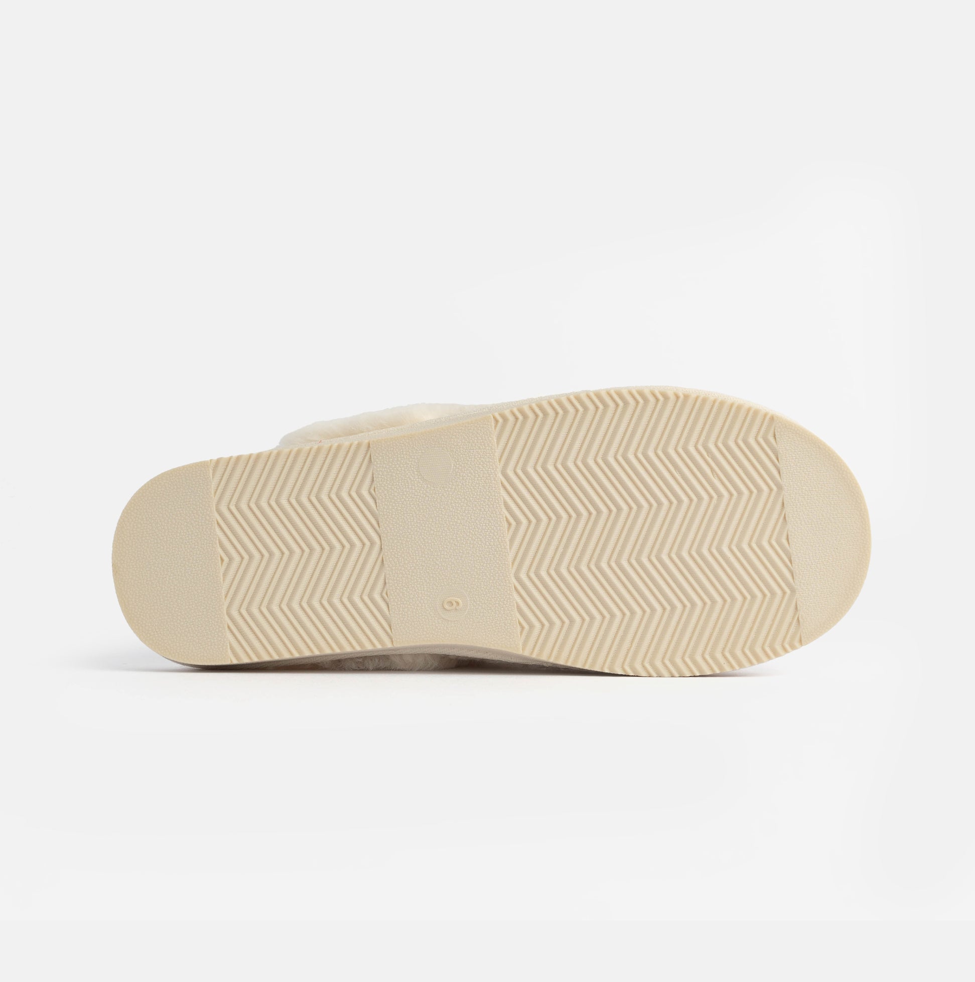 Jo & Joe HELGA Womens Mule Faux Fur Slippers Cream bottom view showcasing the EVA/TPR sole with tread pattern.