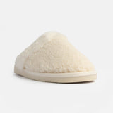 Jo & Joe HELGA Womens Mule Faux Fur Slippers Cream side view showing soft fabric and warm faux fur lining