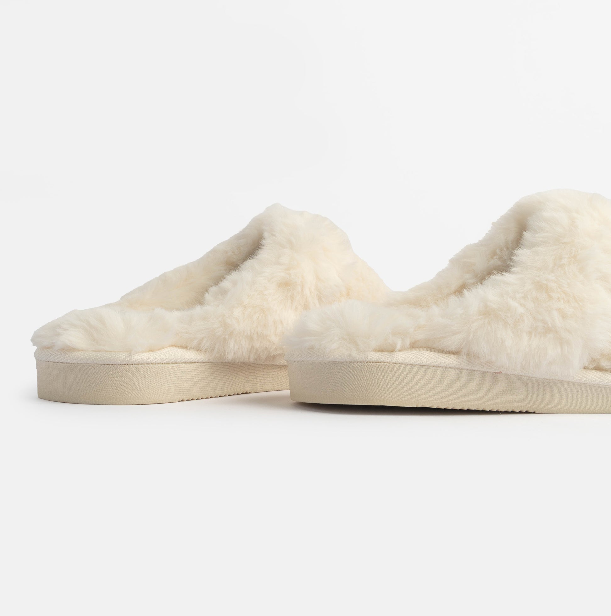 Jo & Joe HELGA Womens Mule Faux Fur Slippers Cream side view showcasing soft faux fur and comfortable slip-on style.