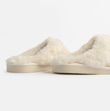 Jo & Joe HELGA Womens Mule Faux Fur Slippers Cream side view showcasing soft faux fur and comfortable slip-on style.