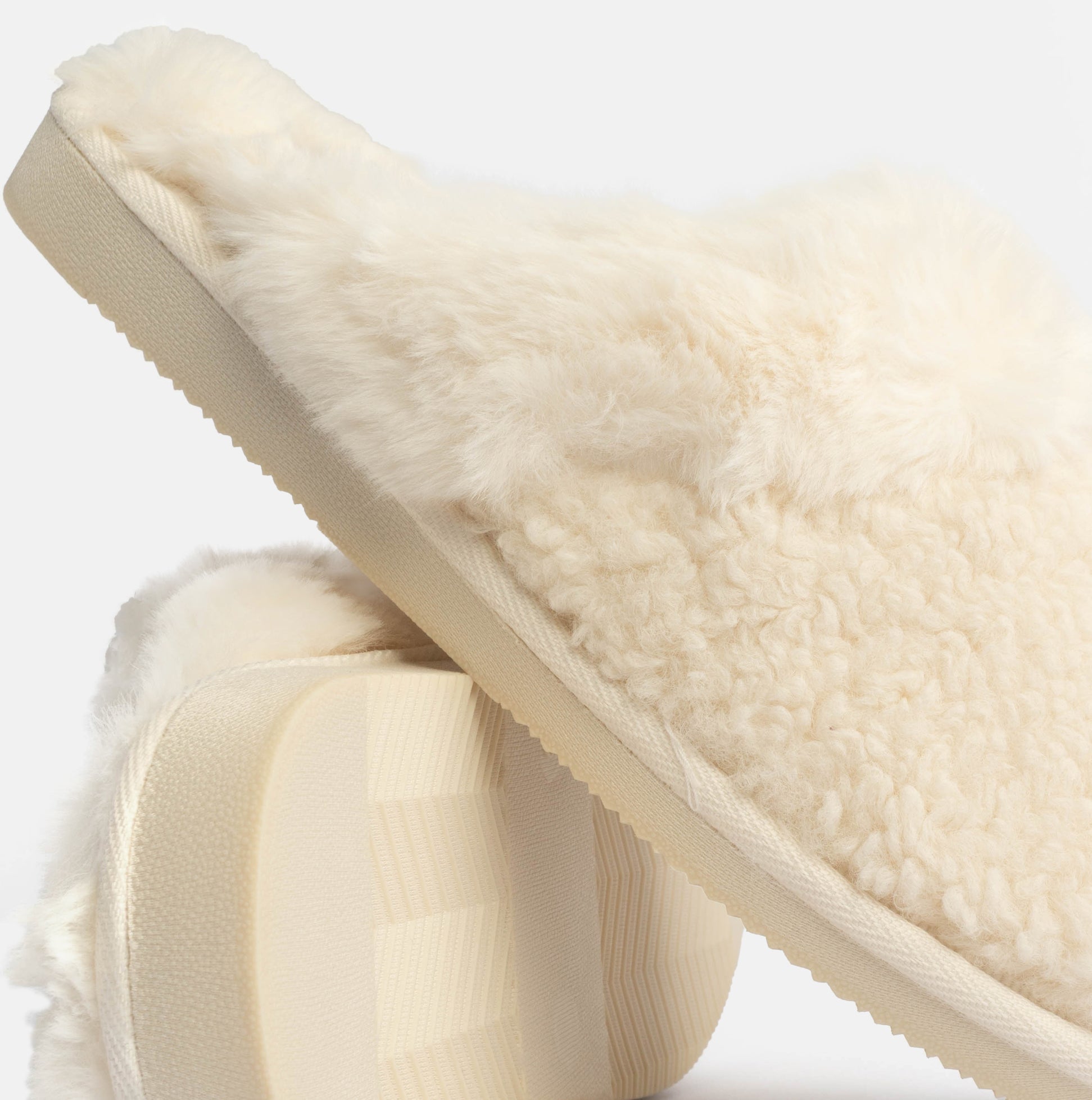 Jo & Joe HELGA Womens Mule Faux Fur Slippers Cream side view showcasing soft faux fur upper and EVA sole.