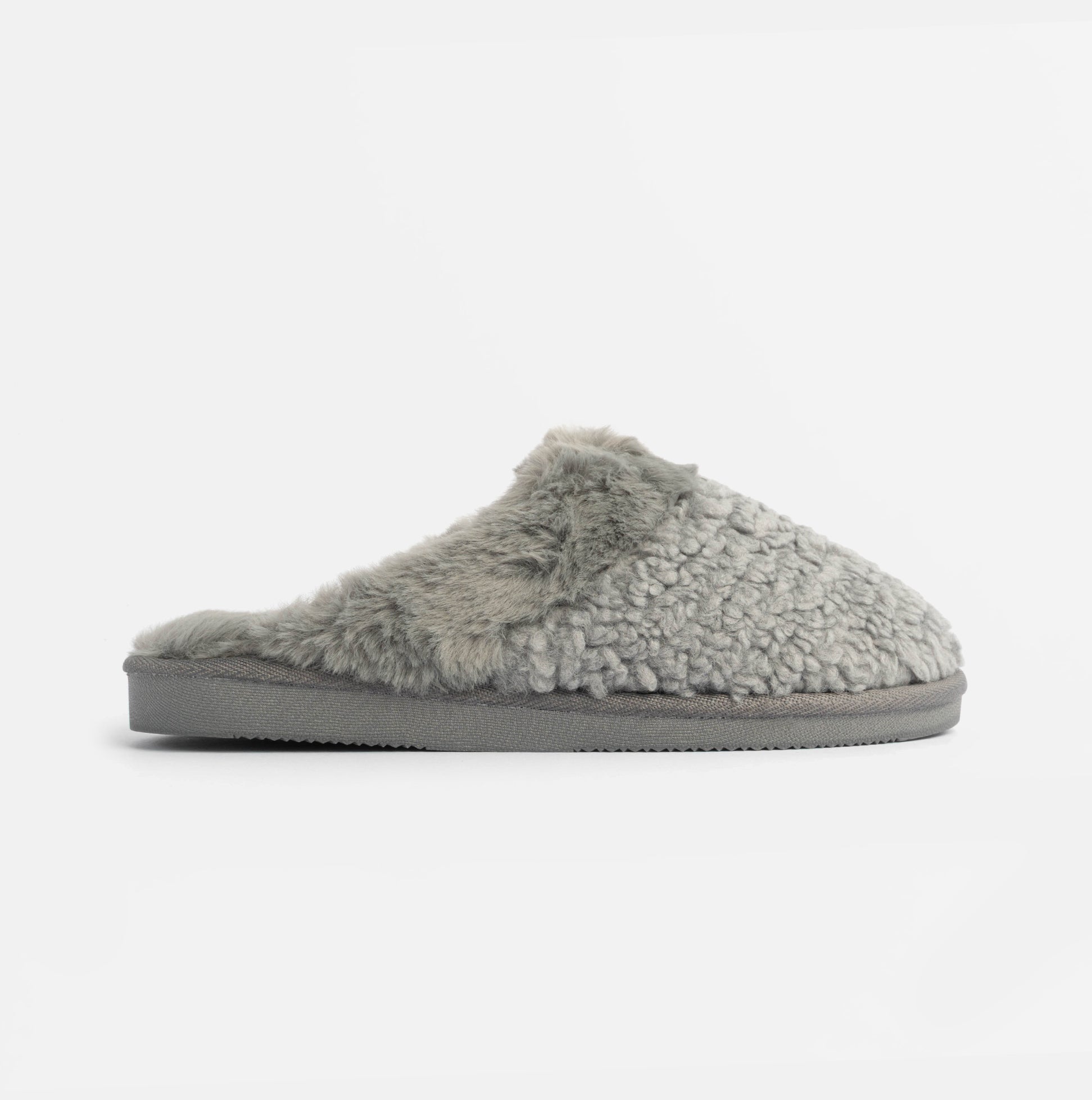 Jo & Joe HELGA Womens Mule Faux Fur Slippers Grey side view showing soft faux fur and slip-on design