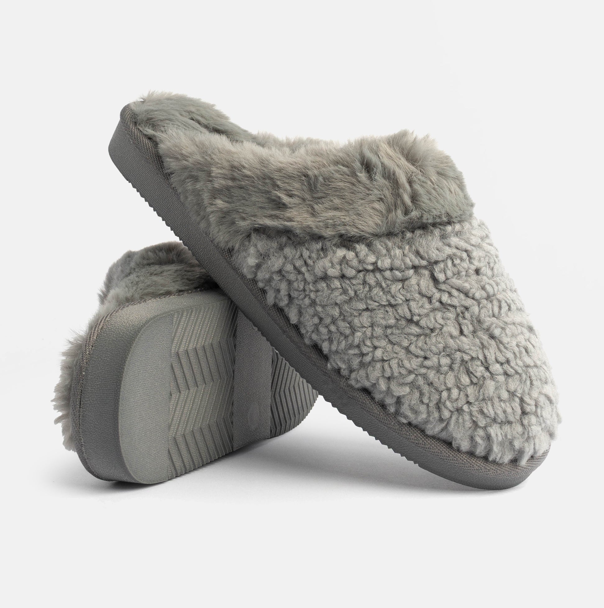 Jo & Joe HELGA Womens Mule Faux Fur Slippers Grey side view, showing soft grey faux fur and textured sole.