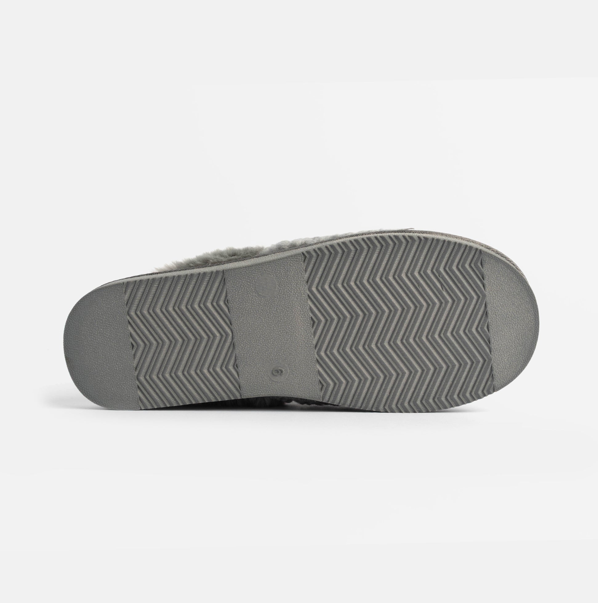 Jo & Joe HELGA Womens Mule Faux Fur Slippers Grey sole view, featuring textured EVA/TPR material for added grip.