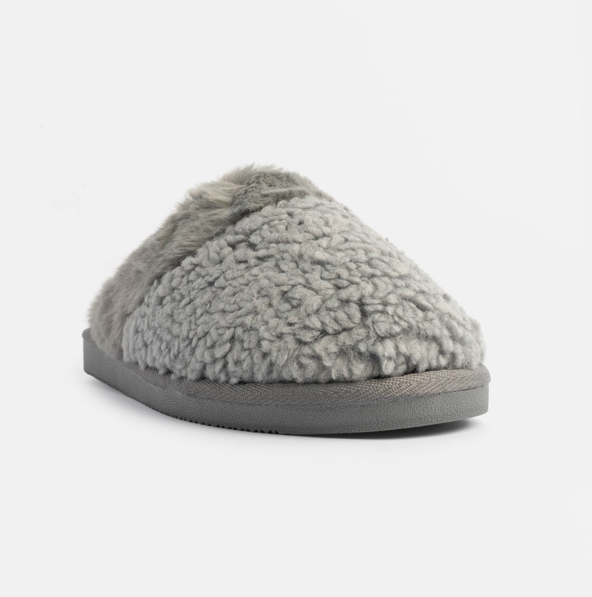 Jo & Joe HELGA Womens Mule Faux Fur Slippers Grey front view showing soft faux fur upper and comfortable slip-on design.