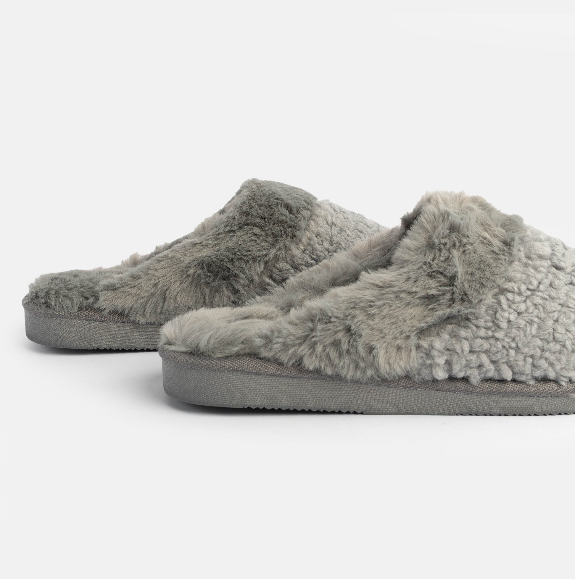 Jo & Joe HELGA Womens Mule Faux Fur Slippers Grey side view showcasing soft fabric and warm faux fur lining.