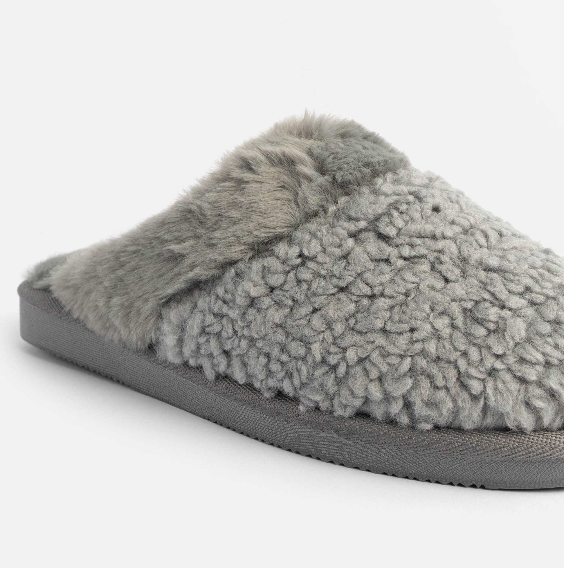 Jo & Joe HELGA Womens Mule Faux Fur Slippers Grey side view showcasing soft faux fur upper and comfortable slip-on design.