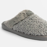 Jo & Joe HELGA Womens Mule Faux Fur Slippers Grey side view showcasing soft faux fur upper and comfortable slip-on design.