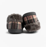 Jo & Joe HERITAGE Womens Full Slippers Pebble back view showcasing plush lining and plaid pattern.
