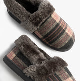 Jo & Joe HERITAGE Womens Full Slippers Pebble side view, showing plush lining and plaid pattern.