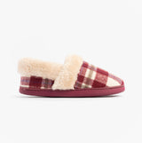 Jo & Joe HERITAGE Womens Full Slippers Cherry side view with fluffy lining and plaid pattern.