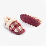Jo & Joe HERITAGE Womens Full Slippers Cherry side view and bottom view with a plaid design and warm lining.