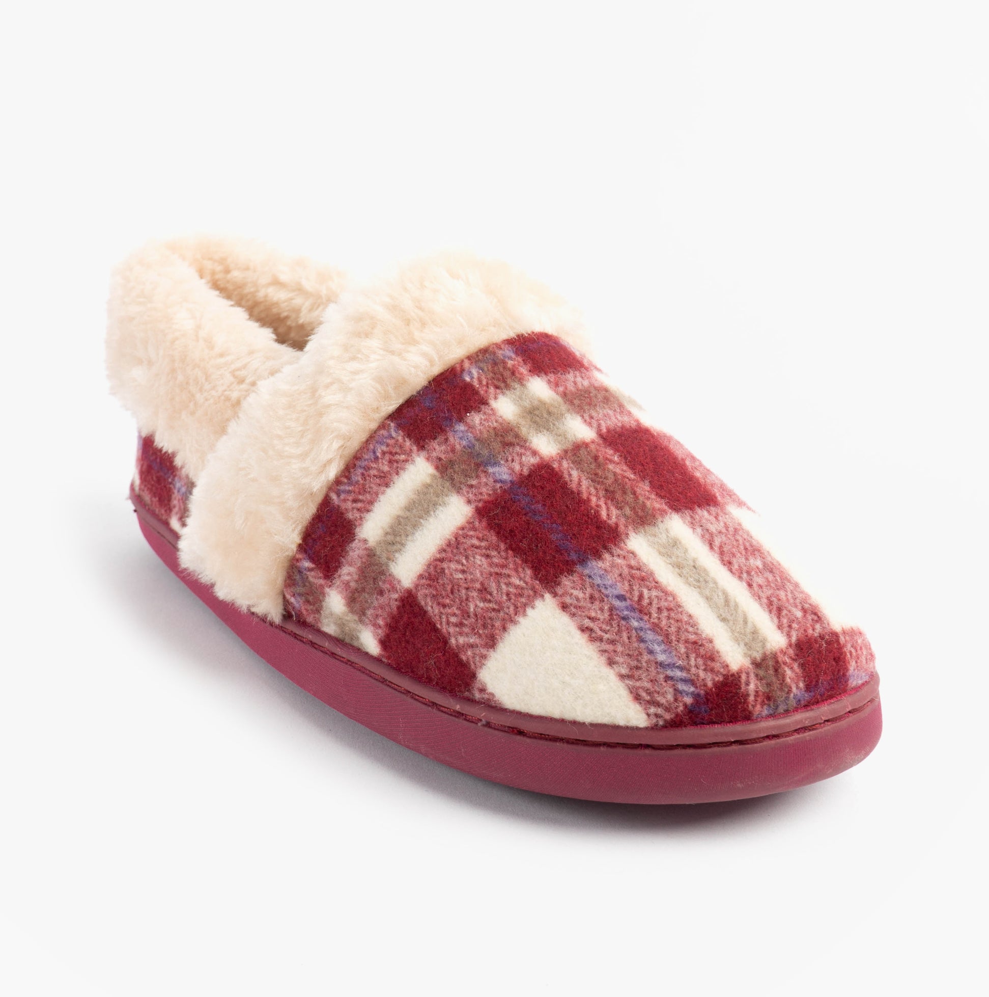 Jo & Joe HERITAGE Womens Full Slippers Cherry side view with plaid design and fluffy lining.