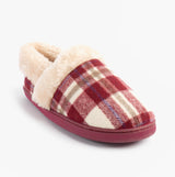 Jo & Joe HERITAGE Womens Full Slippers Cherry side view with plaid design and fluffy lining.