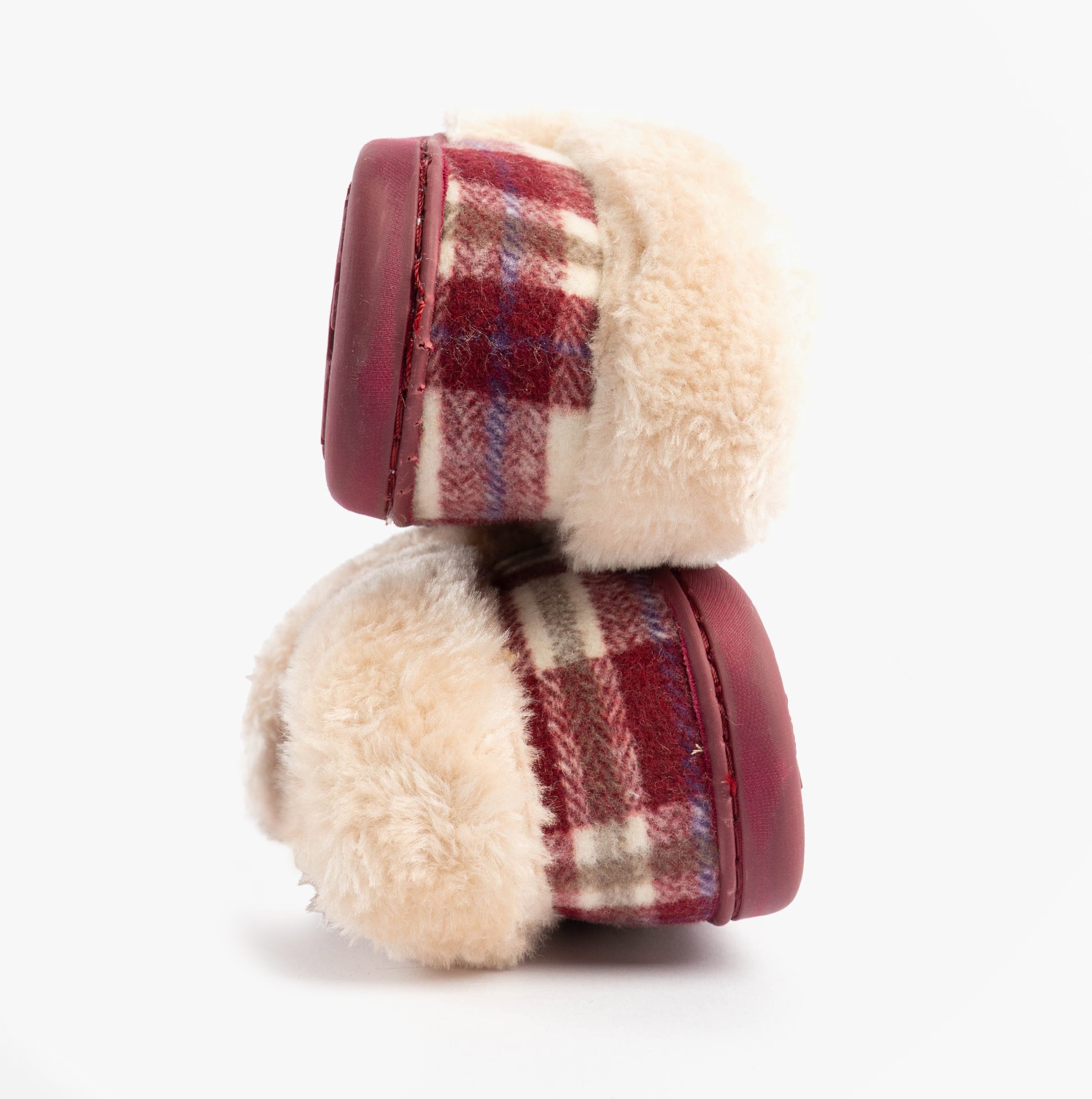 Jo & Joe HERITAGE Womens Full Slippers Cherry side view showcasing the plush texture and stylish plaid pattern.