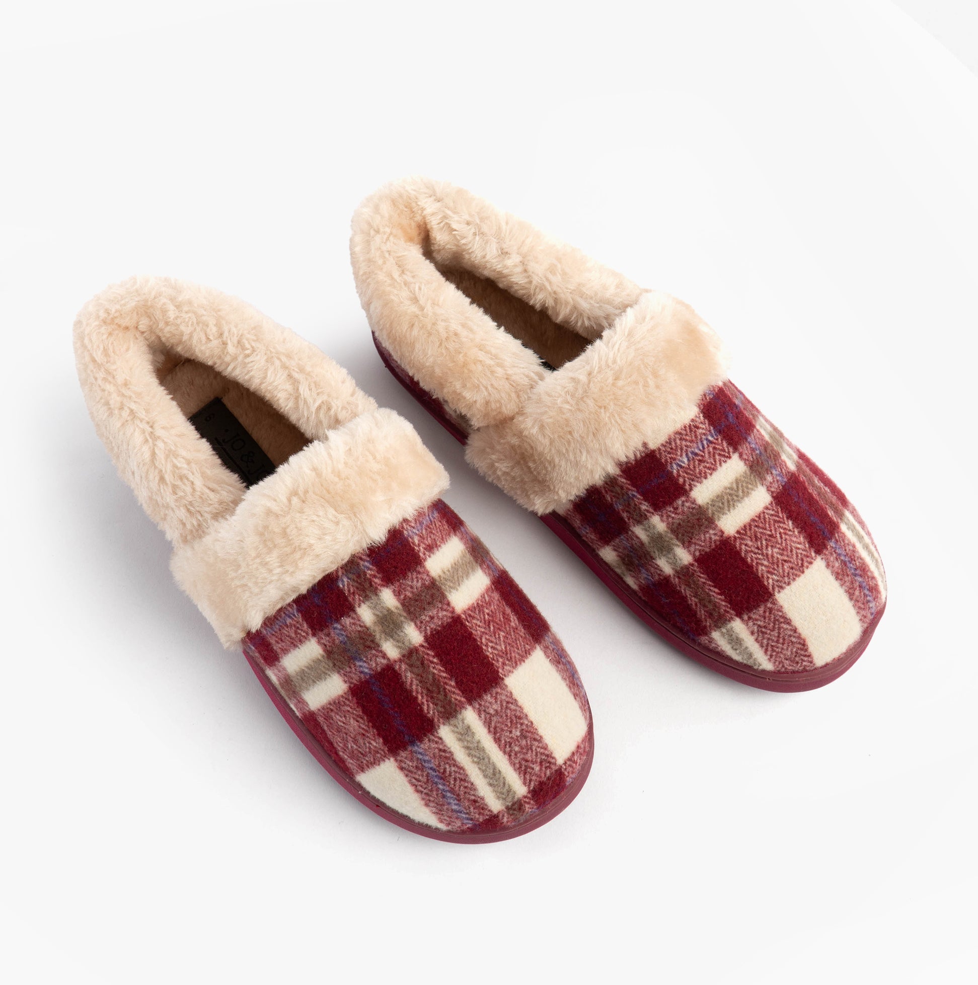 Jo & Joe HERITAGE Womens Full Slippers Cherry top view showing cozy textile design with faux fur lining.