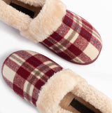Jo & Joe HERITAGE Womens Full Slippers Cherry top view of slippers with red and beige plaid pattern and faux fur lining.
