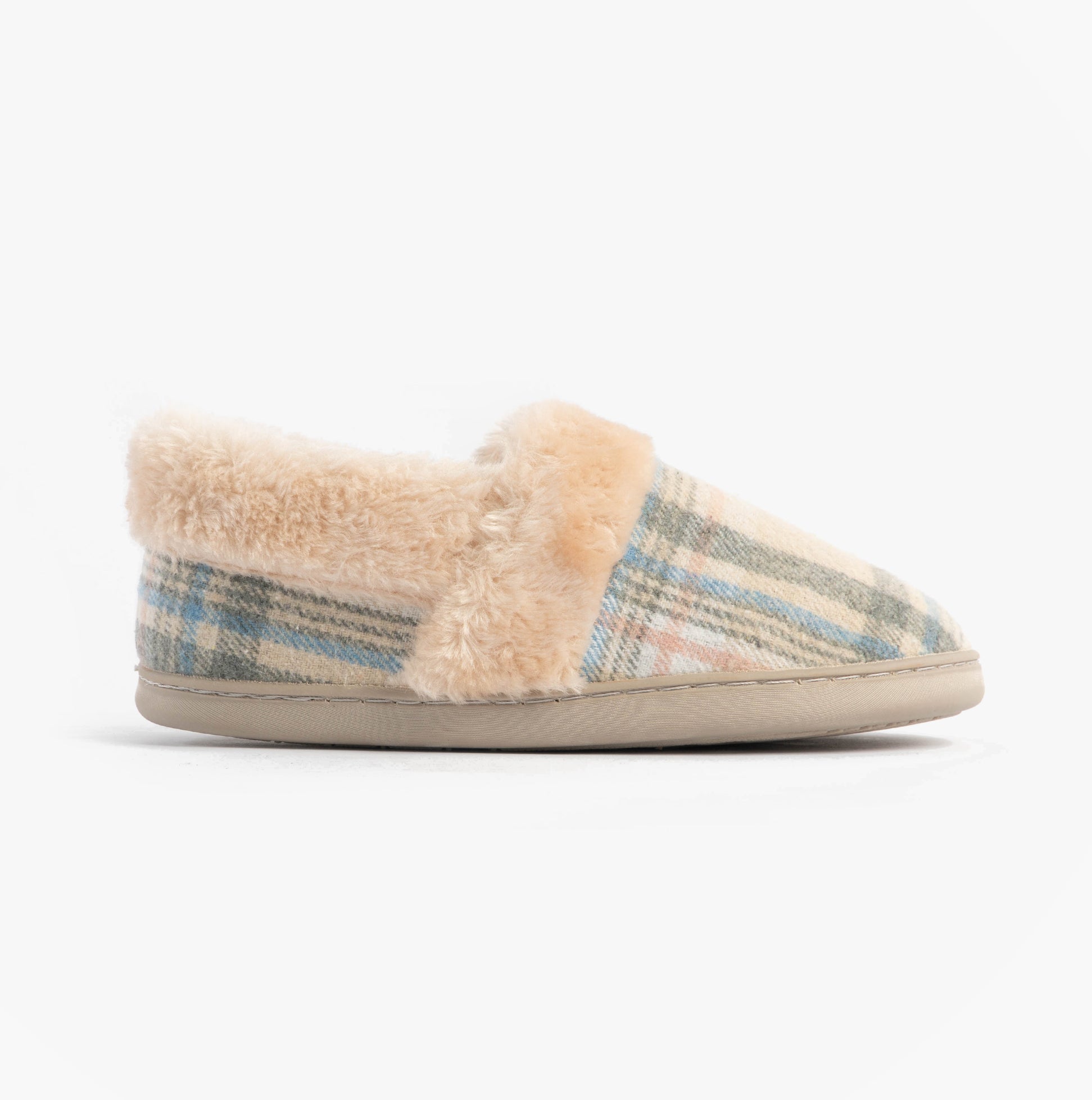 Jo & Joe HERITAGE Womens Full Slippers Oatmeal side view showcasing cozy textile upper and fluffy lining.