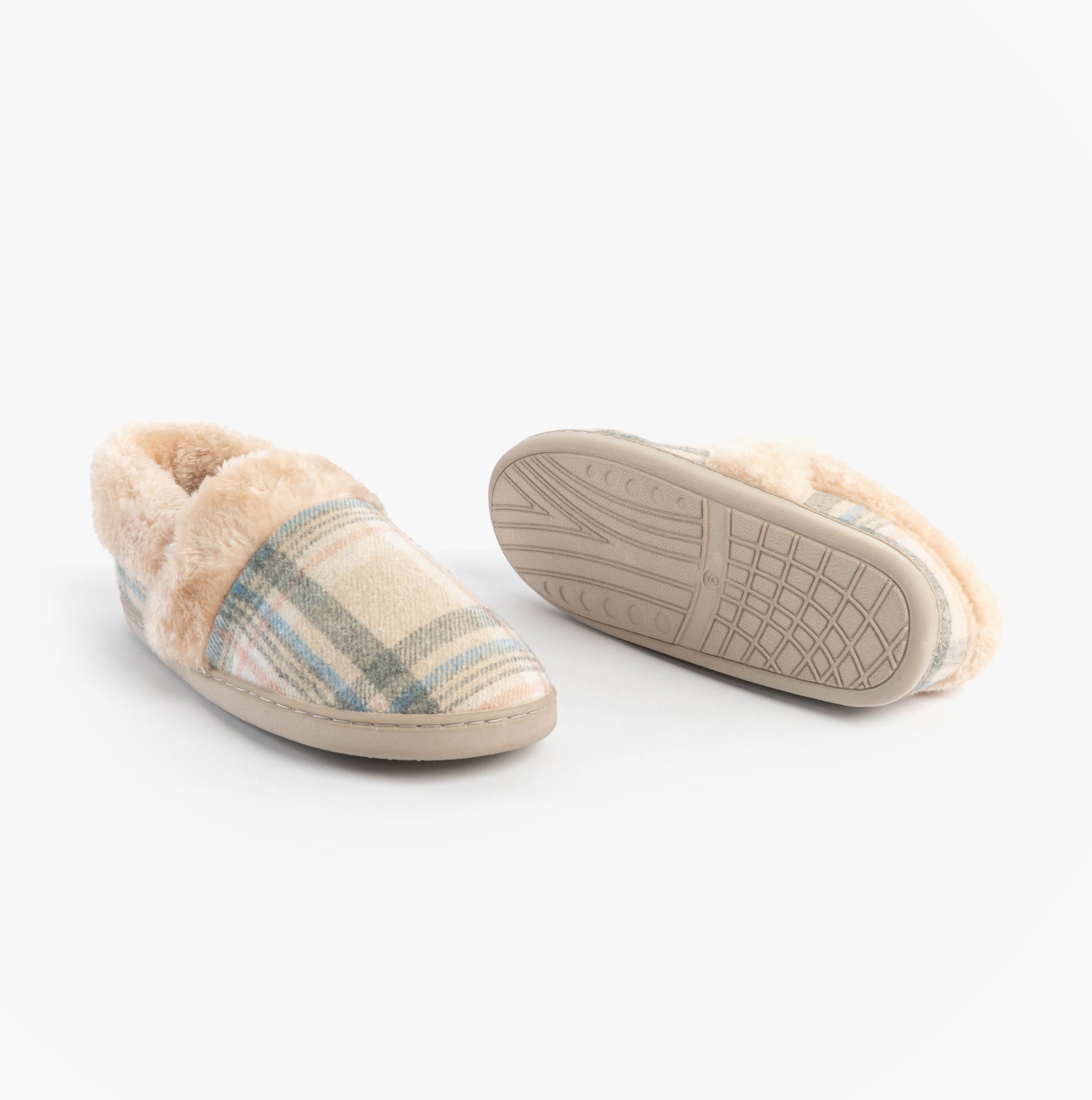 Jo & Joe HERITAGE Womens Full Slippers Oatmeal side view and bottom view, featuring a plaid design and comfort lining.