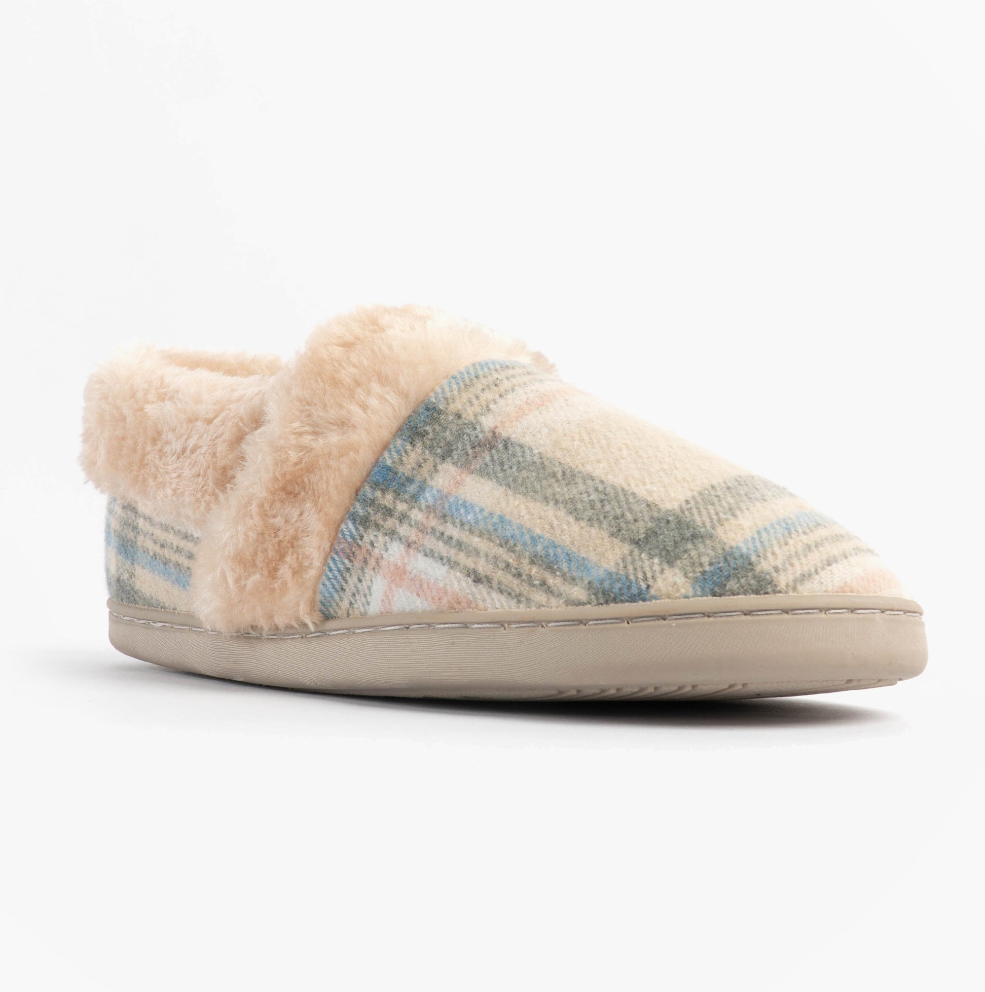 Jo & Joe HERITAGE Womens Full Slippers Oatmeal side view showing soft textile upper and warm lining.