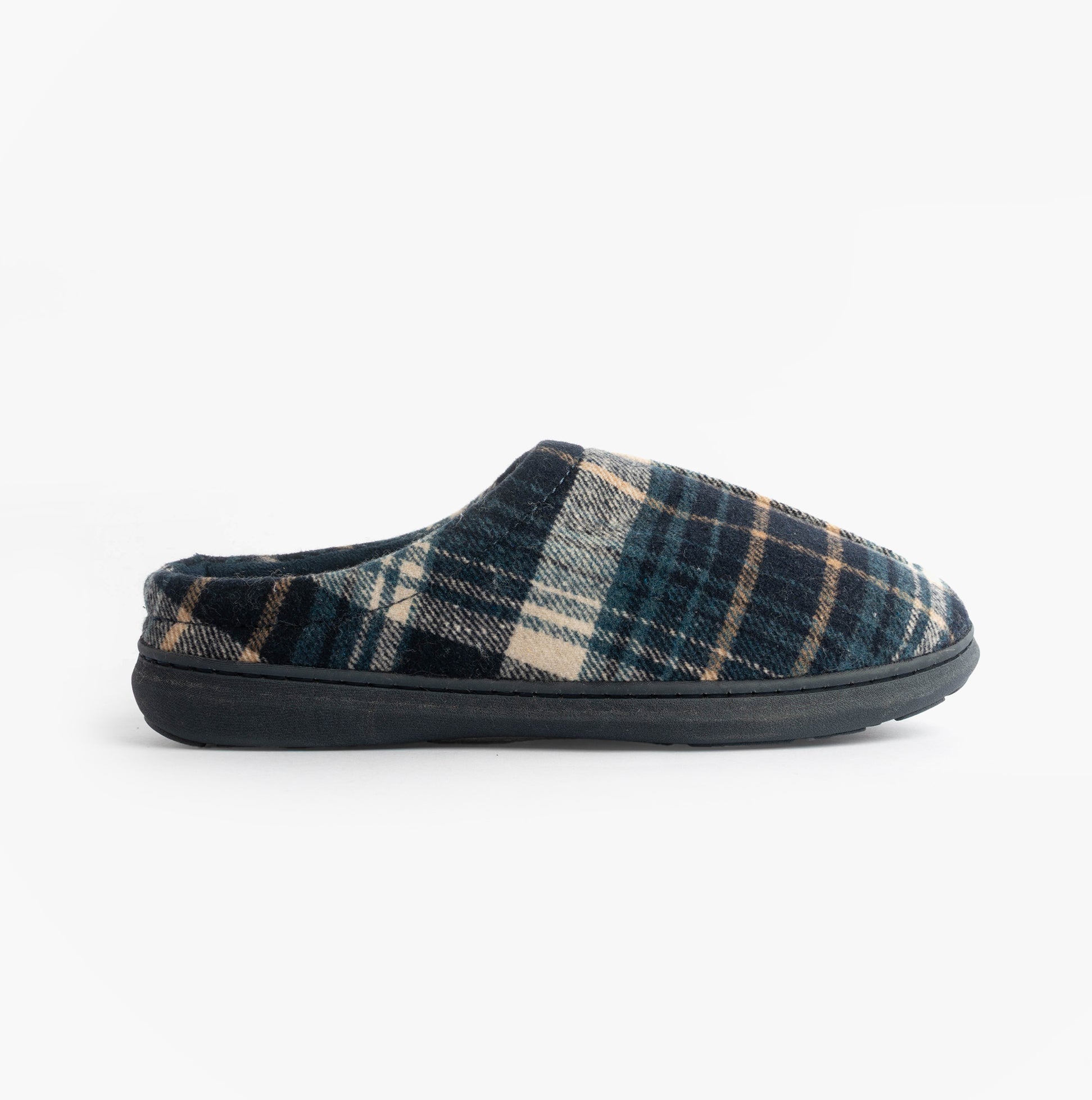 Jo & Joe INVERNESS Mens Mule Slippers Navy side view showing comfortable textile upper and slip-on style.