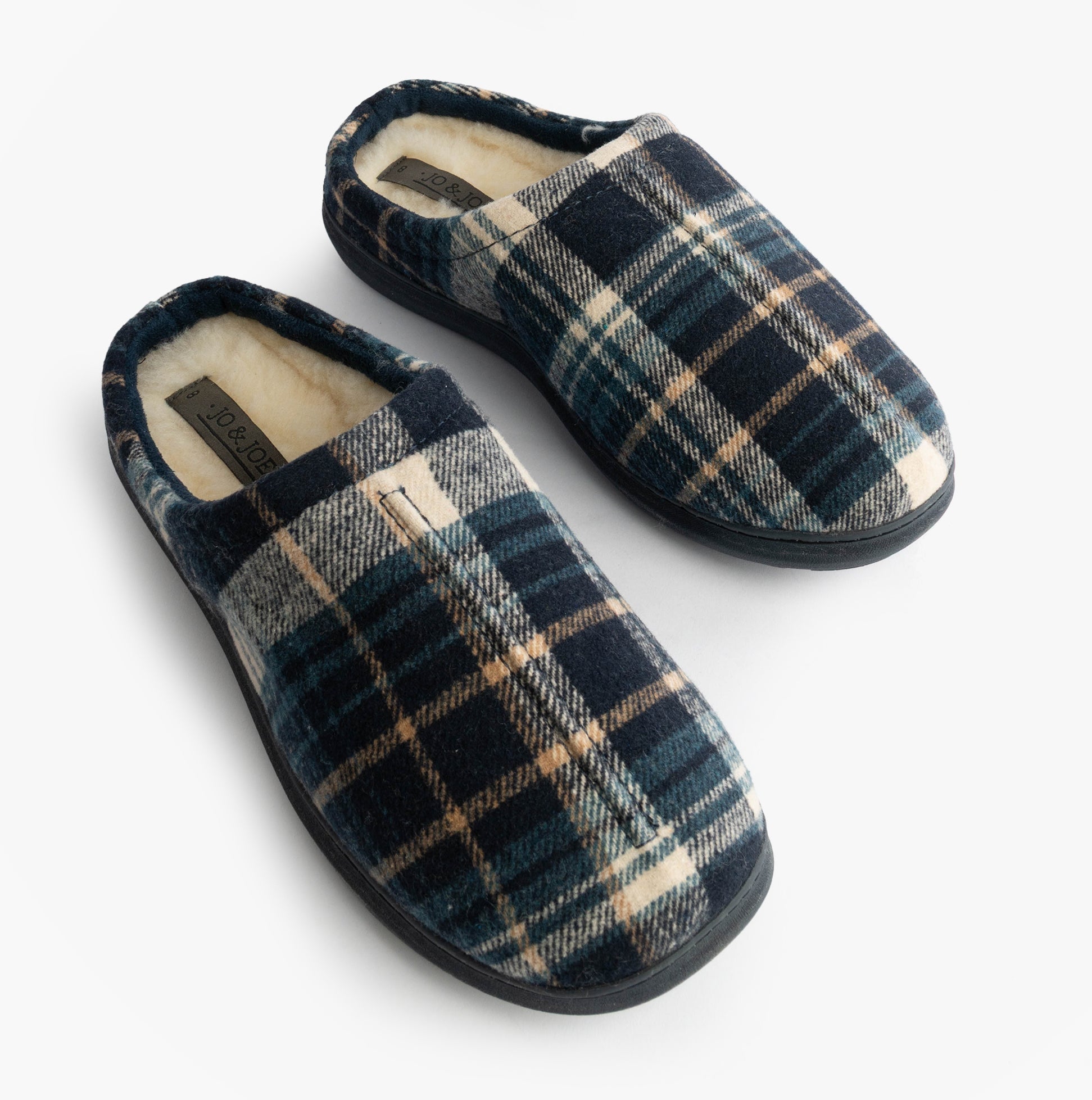 Jo & Joe INVERNESS Mens Mule Slippers Navy, top view showing plaid design and comfort lining.