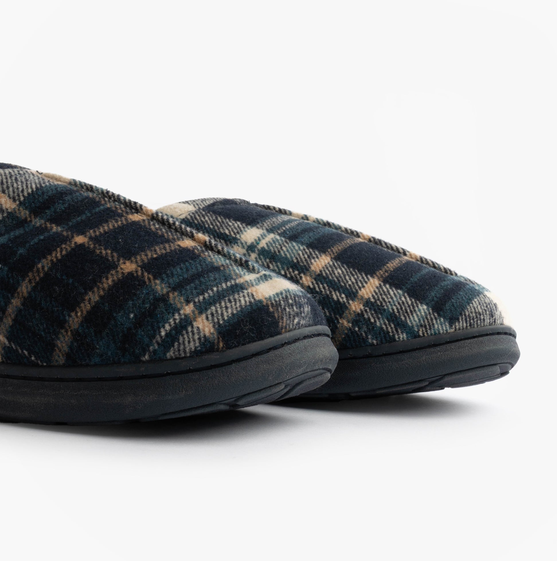 Jo & Joe INVERNESS Mens Mule Slippers Navy close-up view of the soft textile upper with plaid pattern.