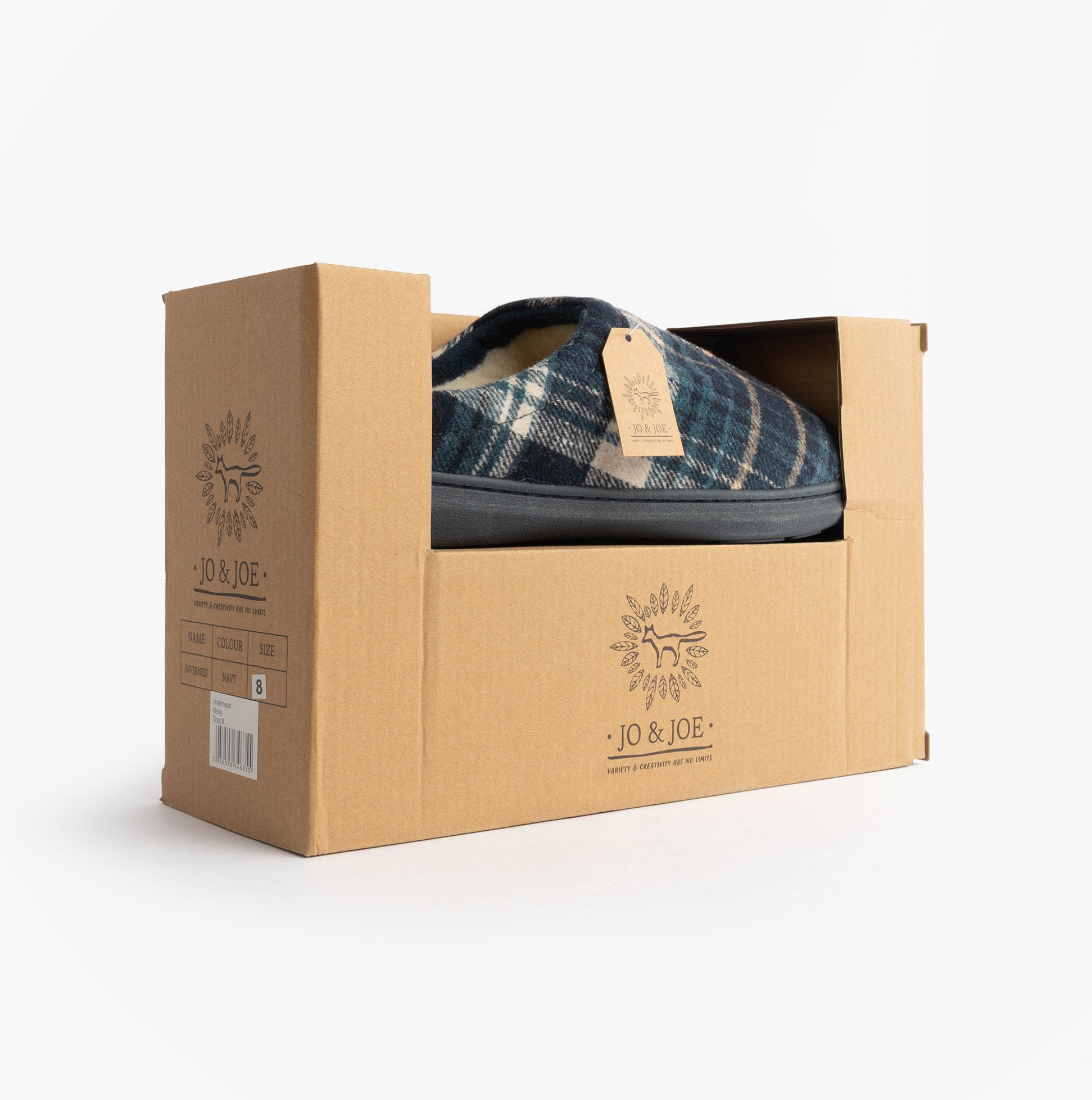 Jo & Joe INVERNESS Mens Mule Slippers Navy in gift box, side view, showcasing plaid design and slip-on style.