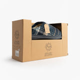 Jo & Joe INVERNESS Mens Mule Slippers Navy in gift box, side view, showcasing plaid design and slip-on style.