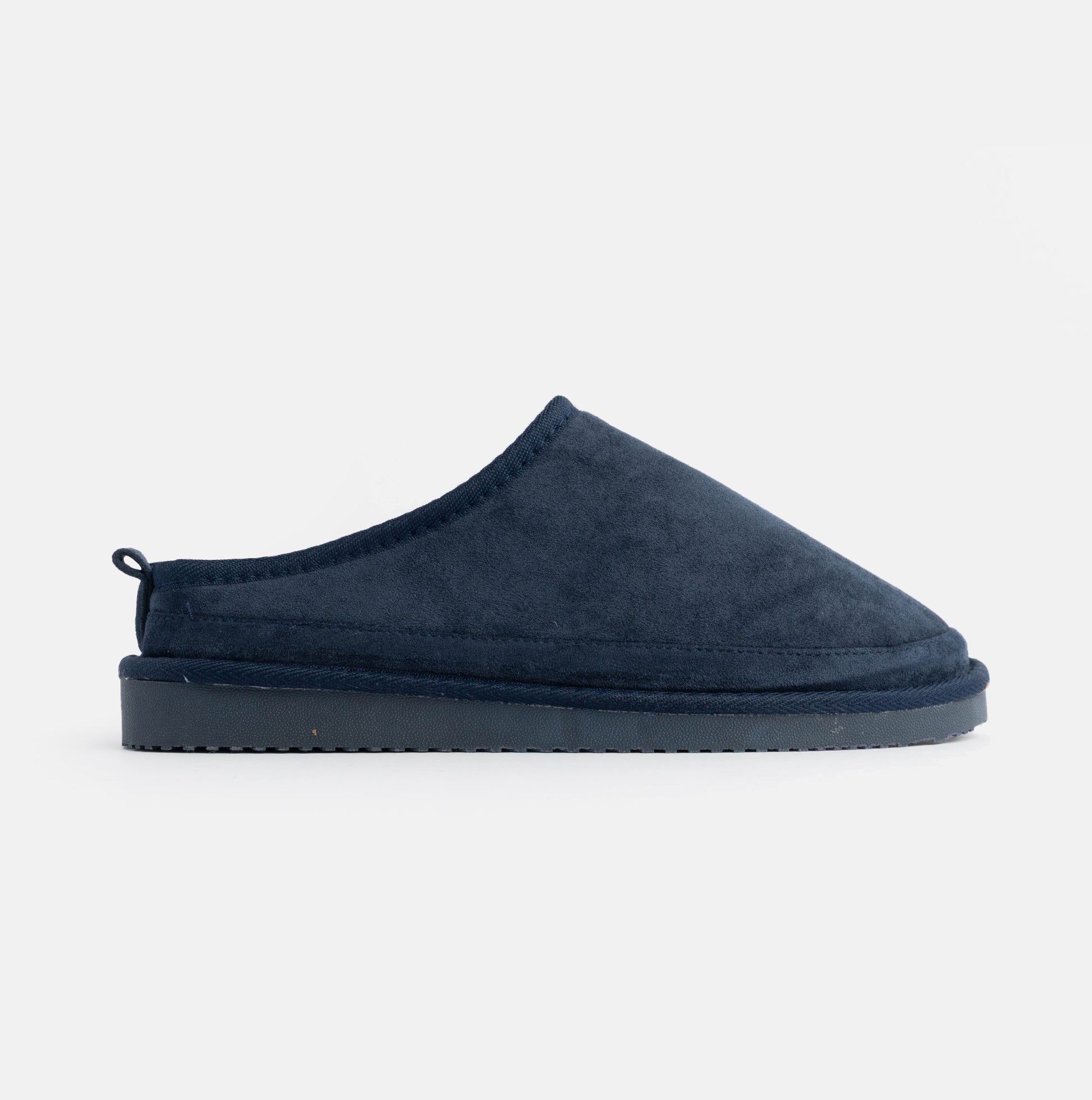 Jo & Joe KINROSS Mens Mule Slippers Navy side view showing soft microfibre and comfort design.