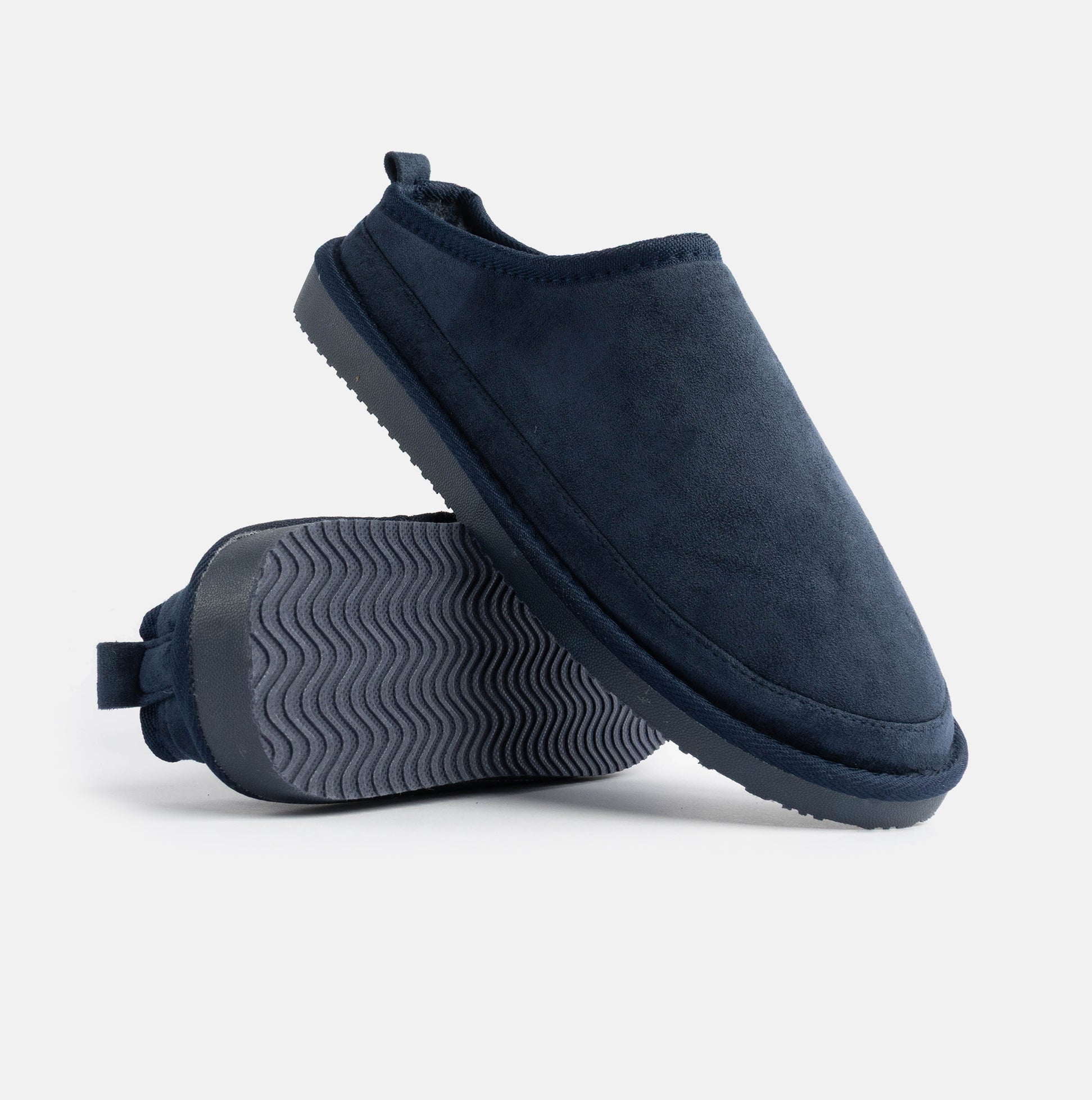 Jo & Joe KINROSS Mens Mule Slippers Navy, side view, featuring soft microfibre upper and EVA sole.