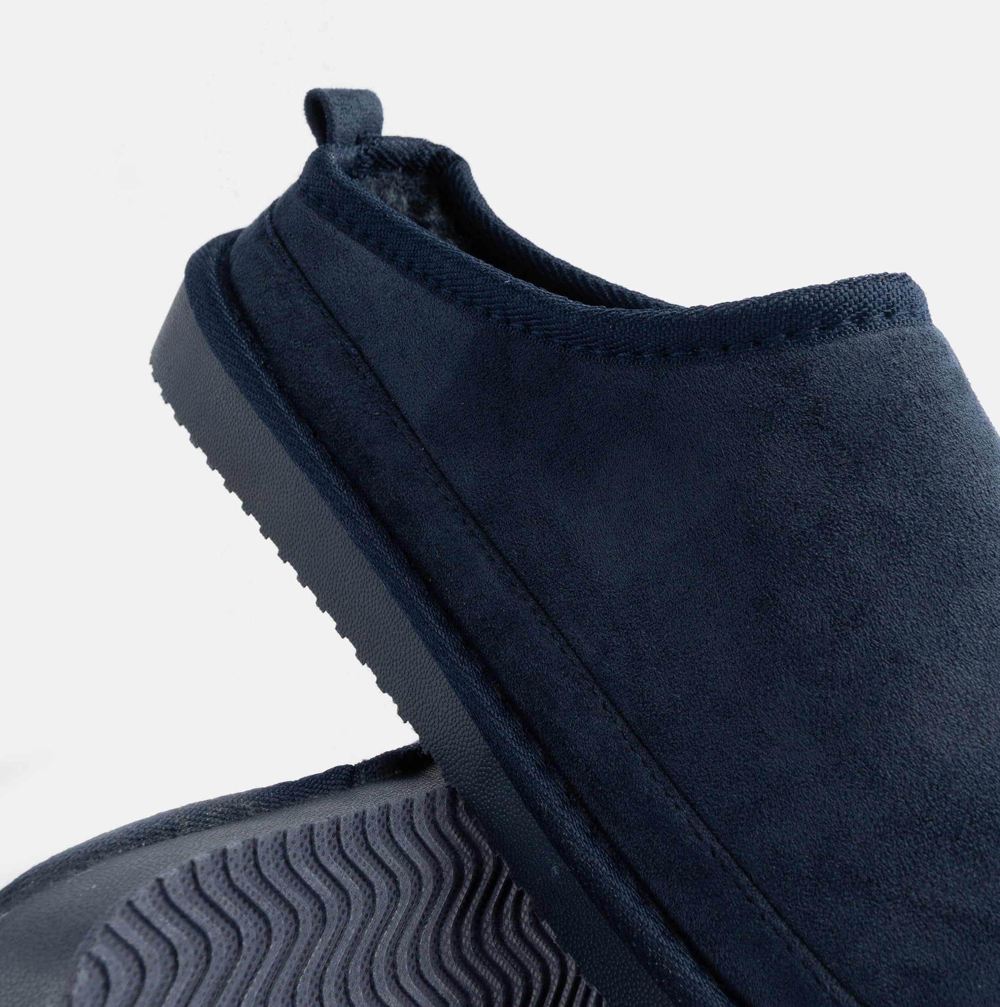 Jo & Joe KINROSS Mens Mule Slippers Navy detail view showcasing upper material and sole design.
