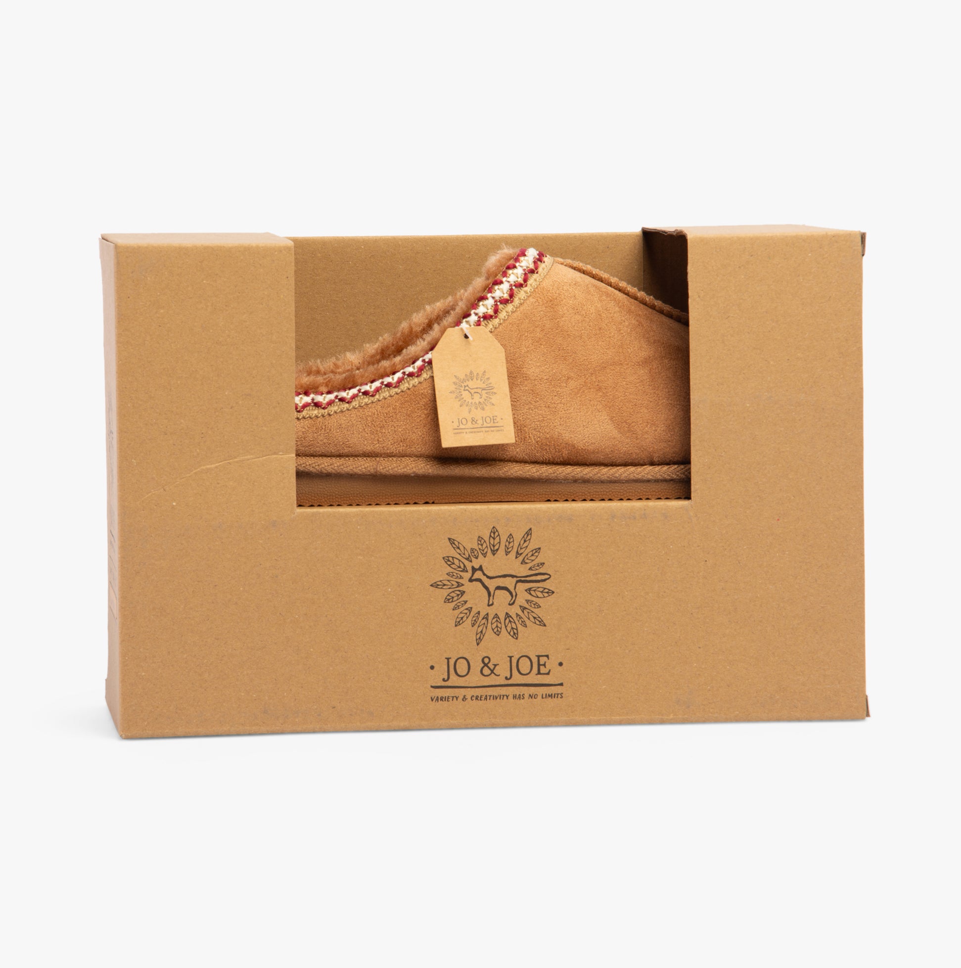 Jo & Joe KOALA Womens Slippers Chestnut in gift box, displaying the slippers inside packaging.