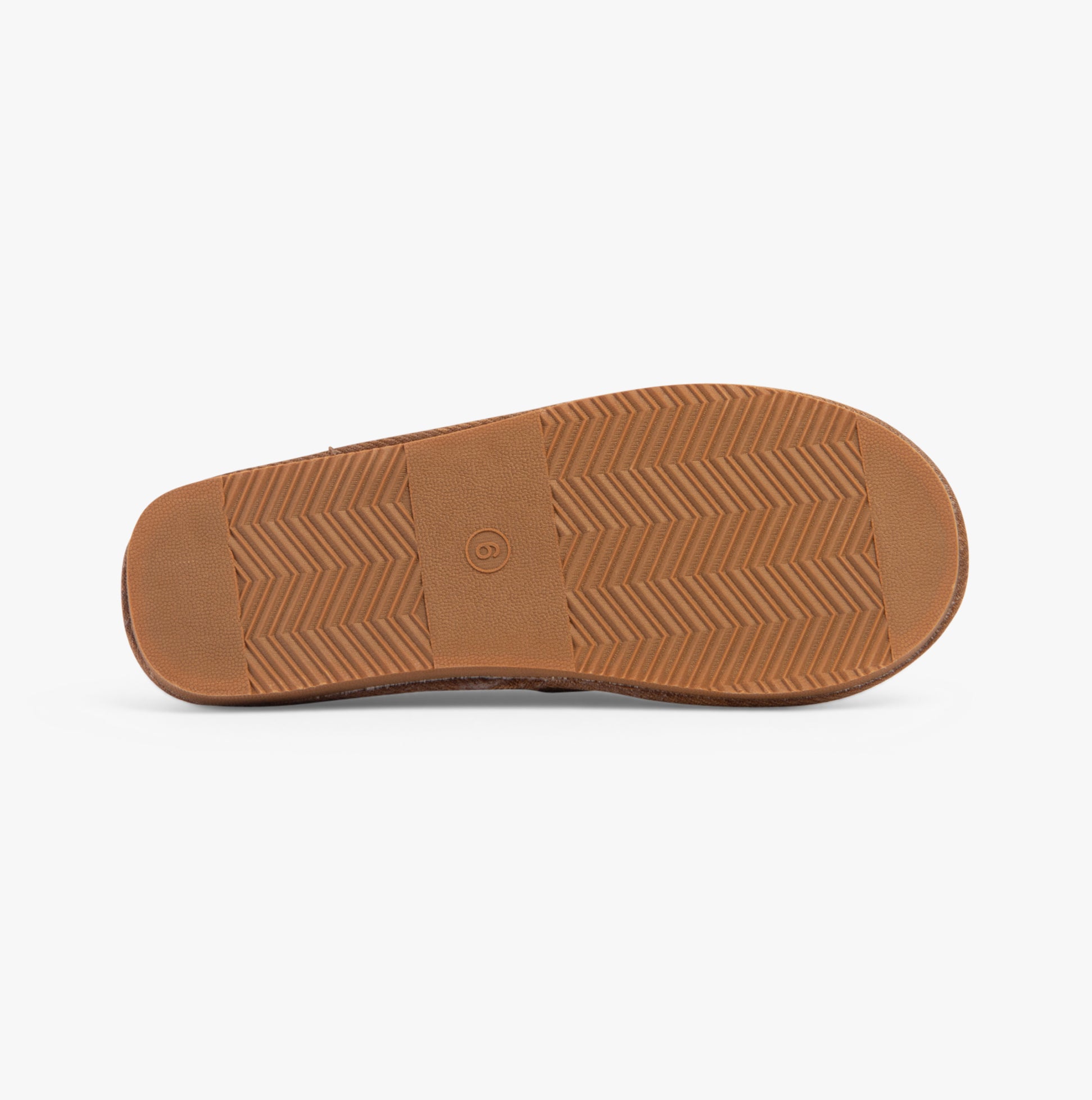 Jo & Joe KOALA Womens Slippers Chestnut sole view, showcasing rubber sole with detailed herringbone pattern.
