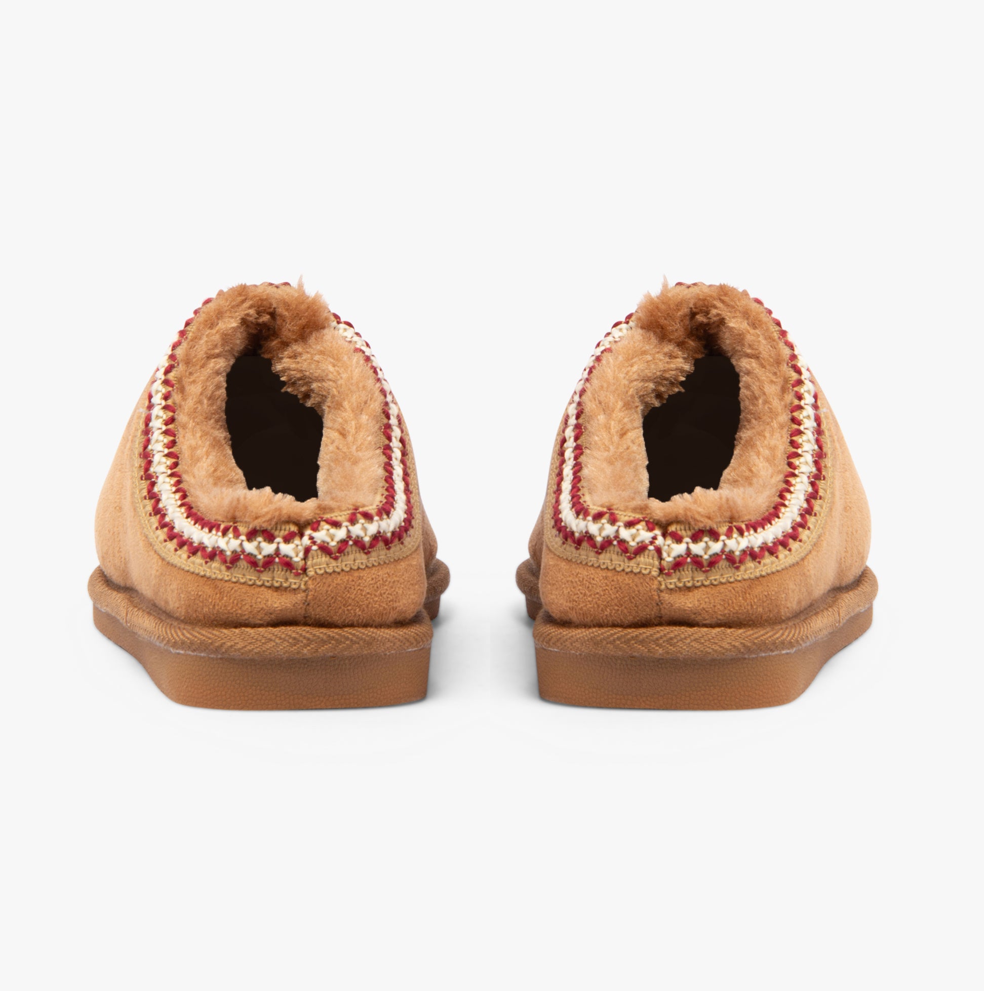 Jo & Joe KOALA Womens Slippers Chestnut back view showcasing faux fur lining and decorative stitching.