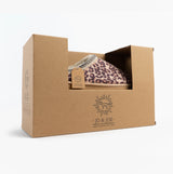 Jo & Joe KOALA Womens Mule Slippers Leopard in gift box side view, featuring leopard print design and branding.