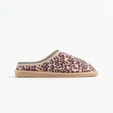 Jo & Joe KOALA Womens Mule Slippers Leopard side view showing leopard print upper and slip-on design.